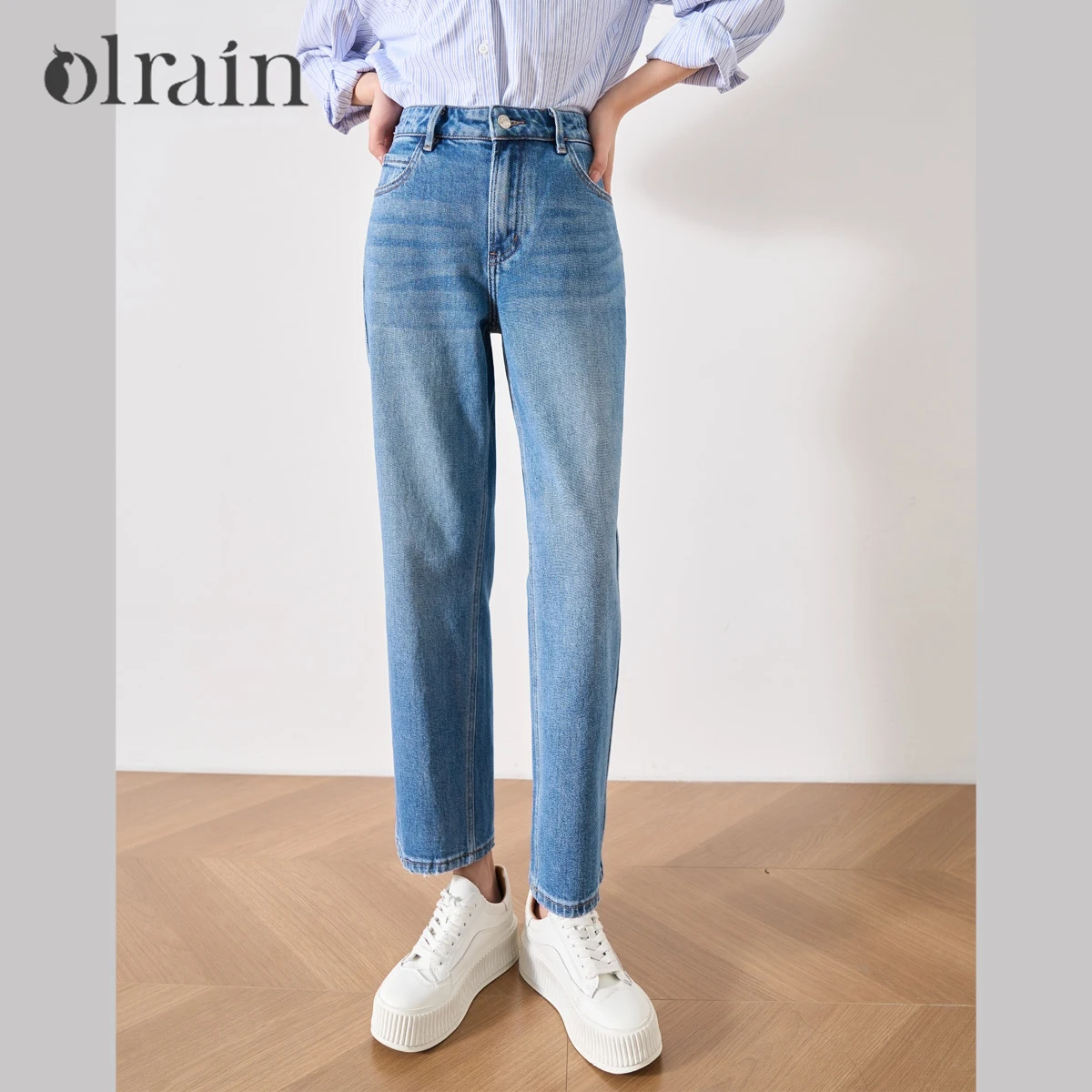 

OLrain женские хлопковые джинсы 2024, весенние винтажные прямые повседневные джинсовые брюки-карандаш длиной до щиколотки с высокой талией WO24XA91350