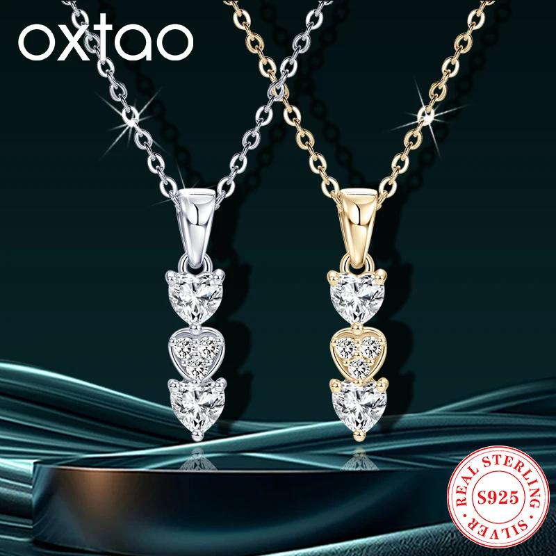 

OXTAO 925, серебряное тройное ожерелье с бриллиантами в форме сердца, оригинальное сертифицированное ожерелье с подвеской из муассанита, свадебные украшения для женщин