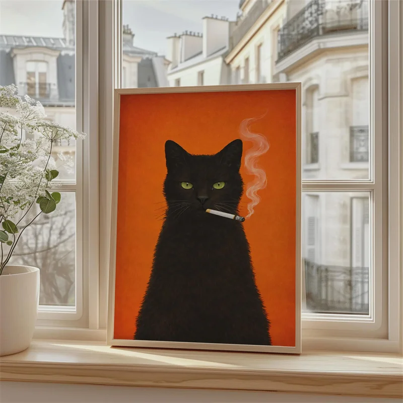 Minimalism Cute Black Cat Smoking Poster Funny Cat Face Modern Canvas Painting and Prints Wall Art Picture for Living Room Decor