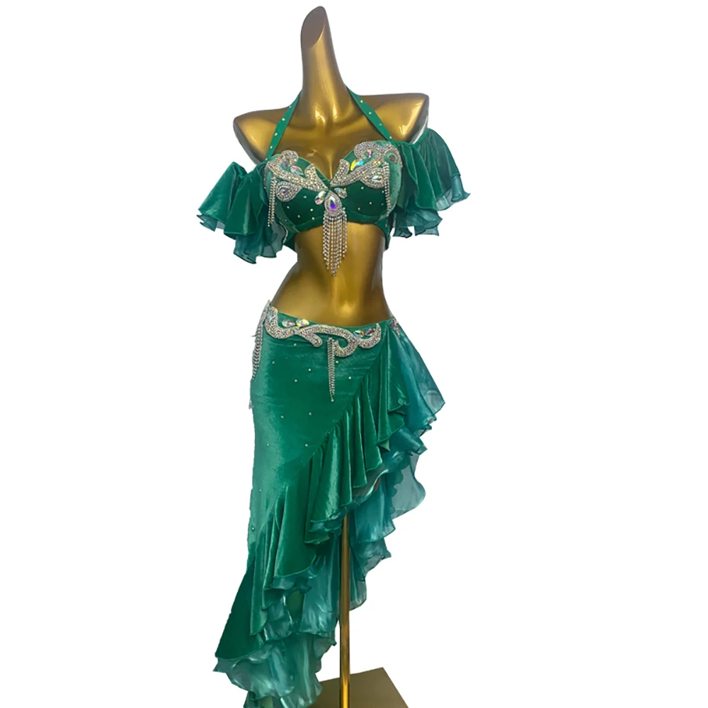 Traje de dança do ventre para mulheres, adultos e crianças, saia de renda diagonal verde de alta qualidade, vestido de alto flash de performance de samba
