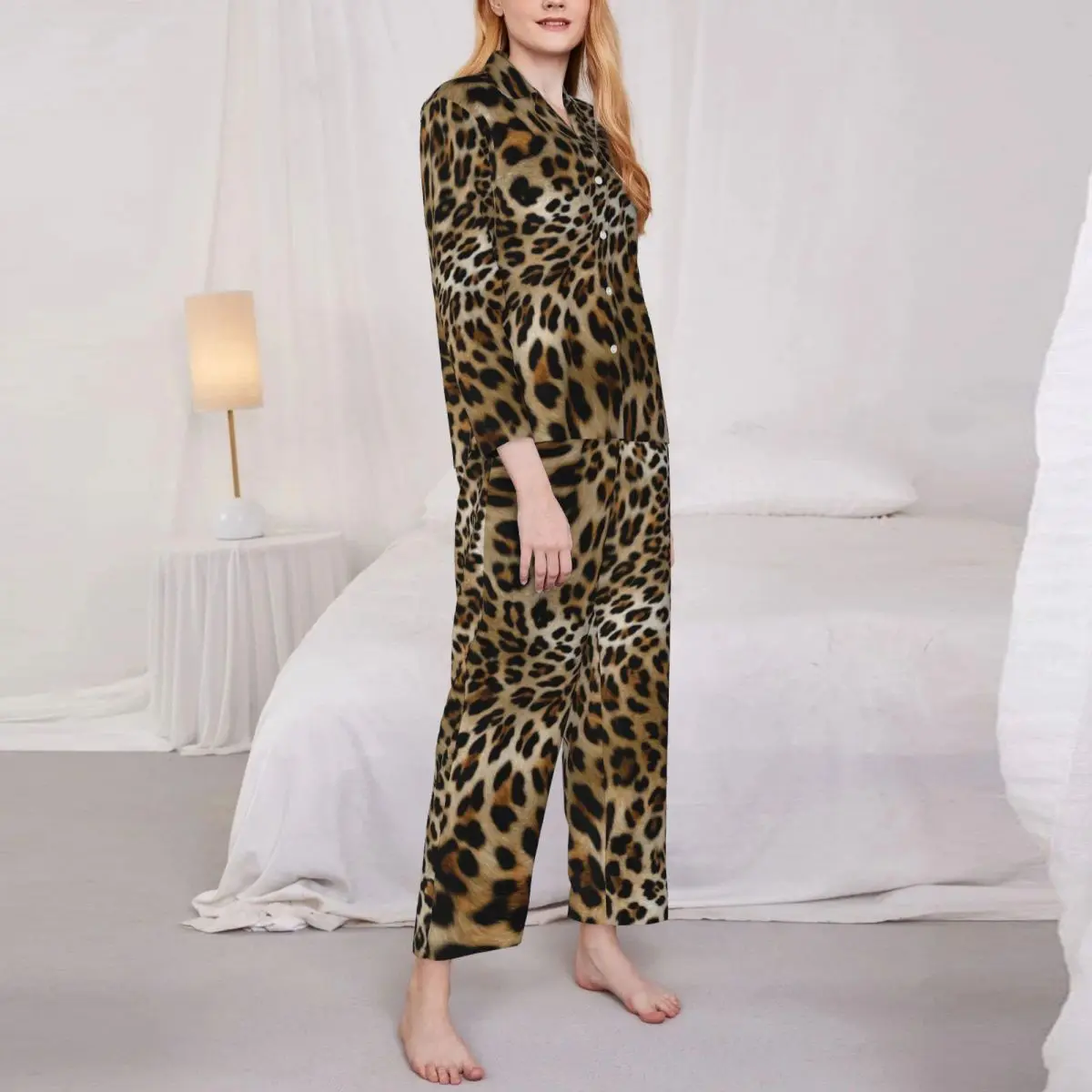 Animal Skin Print Pajama Set Leopard Pattern Kawaii Sleepwear Women Long-Sleeve Casual Room 2 Piece Home Suit Large Size 2XL