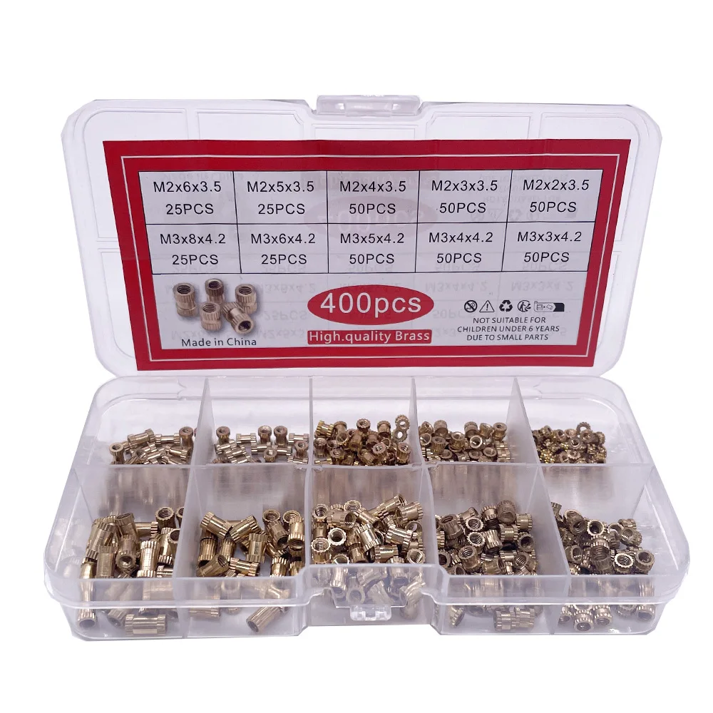 400pcs Injection Molding Knurl Insert Nut Embedded Nutsert Assortment Kit Set 10 Mix Size M2 M3  Solid Brass Copper