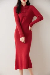 Chinese Style Dress for Women, 100% Merino Wool, Cheongsam Sweater, Autumn and Winter, New, Buckle