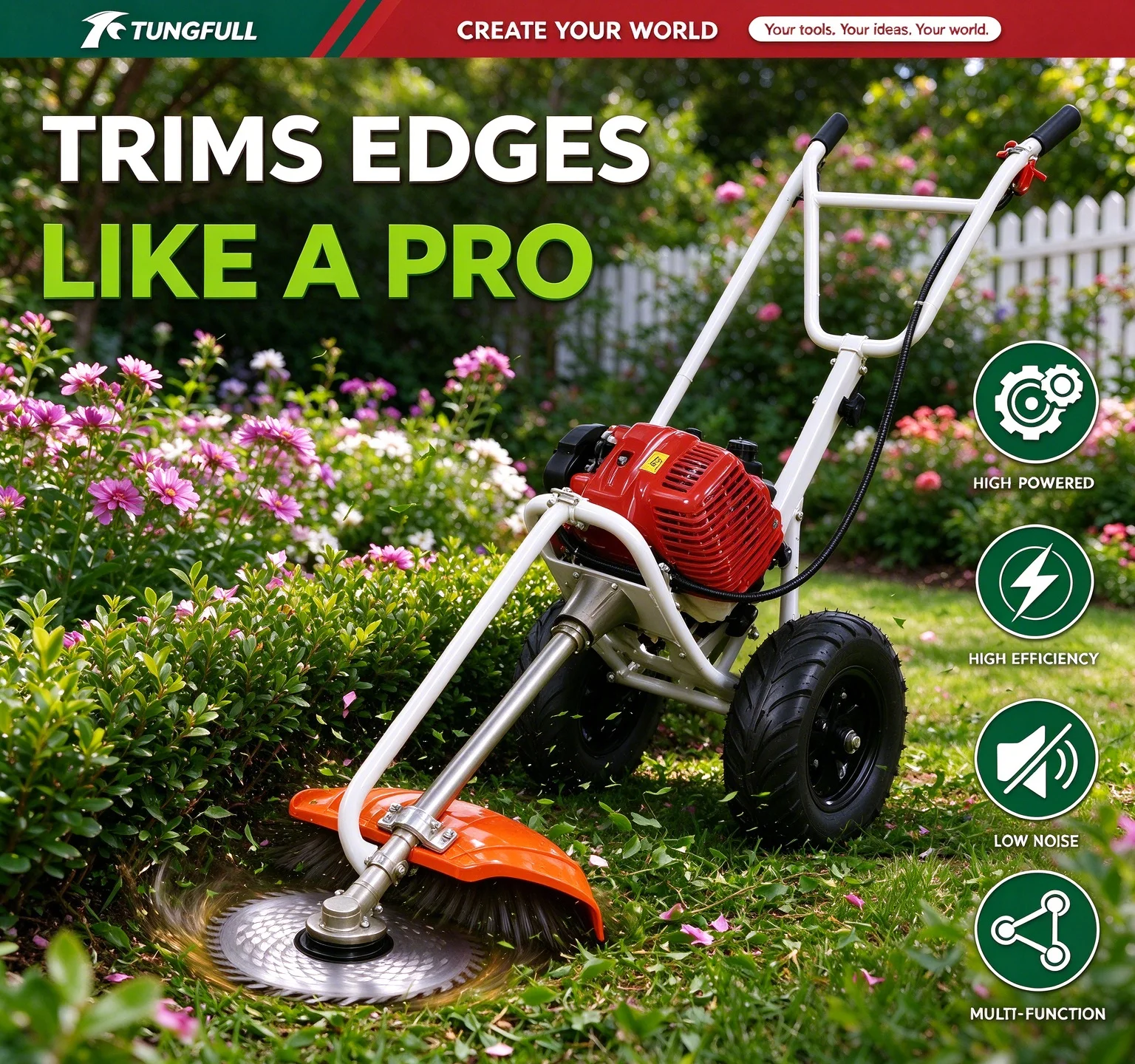 Walk Behind Hand Push Brush Cutter Wheel Grass Cutting Trimmer Multifunctional Yard Orchard Farm Garden Lawn Weeding Maintenance