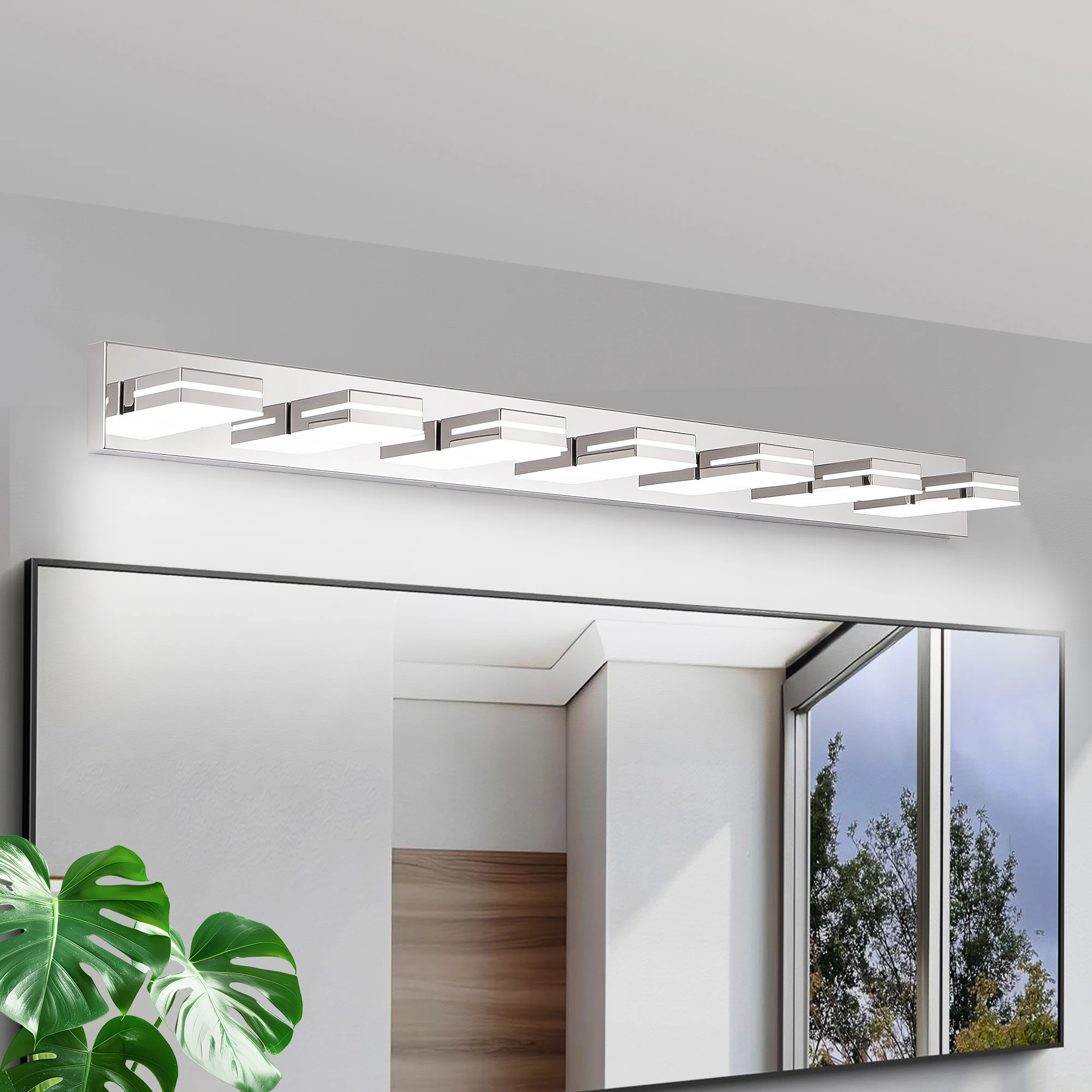 

7-Light LED Modern Bathroom Vanity Light Fixture Matte Chrome Modern Acrylic Bathroom Wall Lighting Over Mirror Cool White 6000K