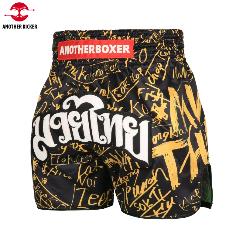 Graffiti Print Muay Thai Shorts Men Women Black Gold Satin Kickboxing Trunks Fight Shorts for Boxing MMA Training Gym Sparring