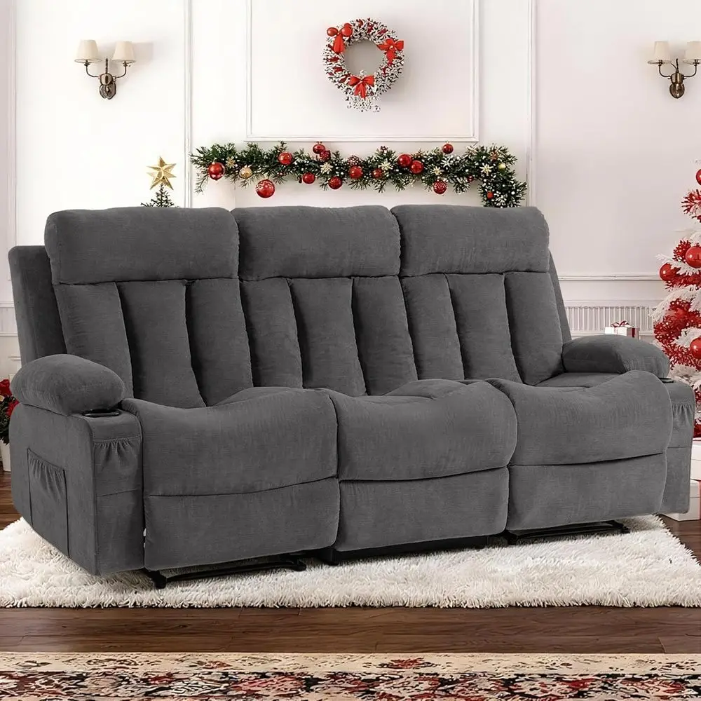 

86 Inch Grey Fabric Reclining Loveseat with Manual Recliners and Double Cup Holders for Home Theater or Living Room