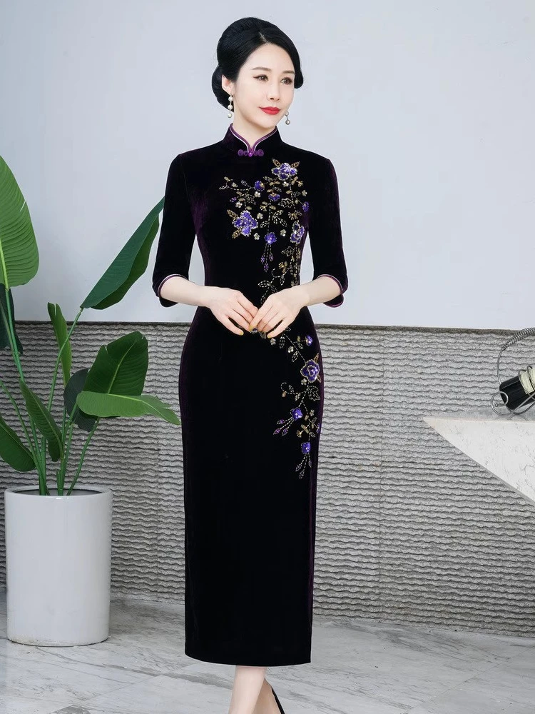 

Золотое бархатное свадебное платье ручной работы с бисером, длинное, больших размеров, стройнящее, для матери невесты и бабушки