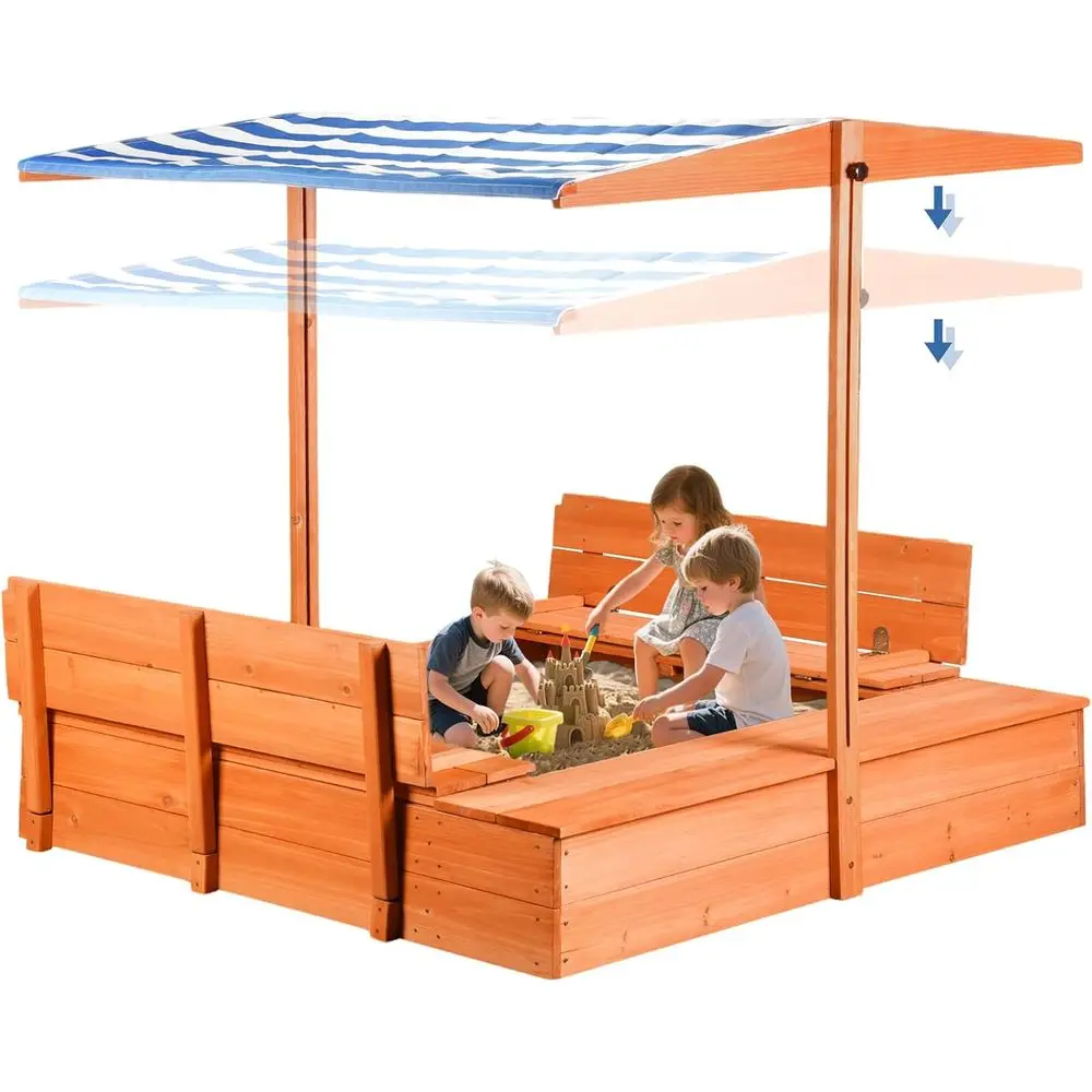 

Kids Wooden Outdoor Sandbox with Cover，Sand Boxes with and oldable Storage Bench Seats, Sand Table with Protection Bottom Liner,