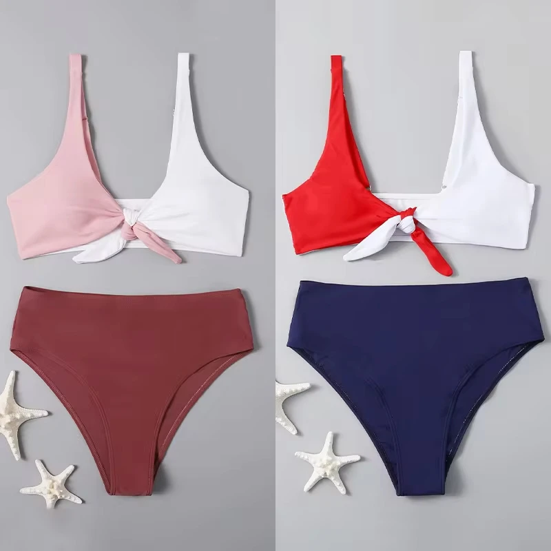

Sexy Patchwork Knotted Sling Swimsuit High Waist Vacation Swimwears Women Beach Outfits Biquini Bathing Colorblock Swimming Suit