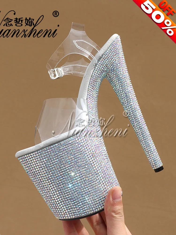 20cm Exotic Dancer Nightclub Platform Peep Toe Rhinestone Elegant Stripper Heels Gothic Sandals Sexy Fetish Full Dress Models