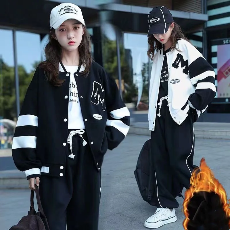 

Корейский осенне-зимний детский спортивный костюм для девочек, утепленный однобортный спортивный костюм для девочек + спортивные штаны, костюм для девочек 4-12 лет