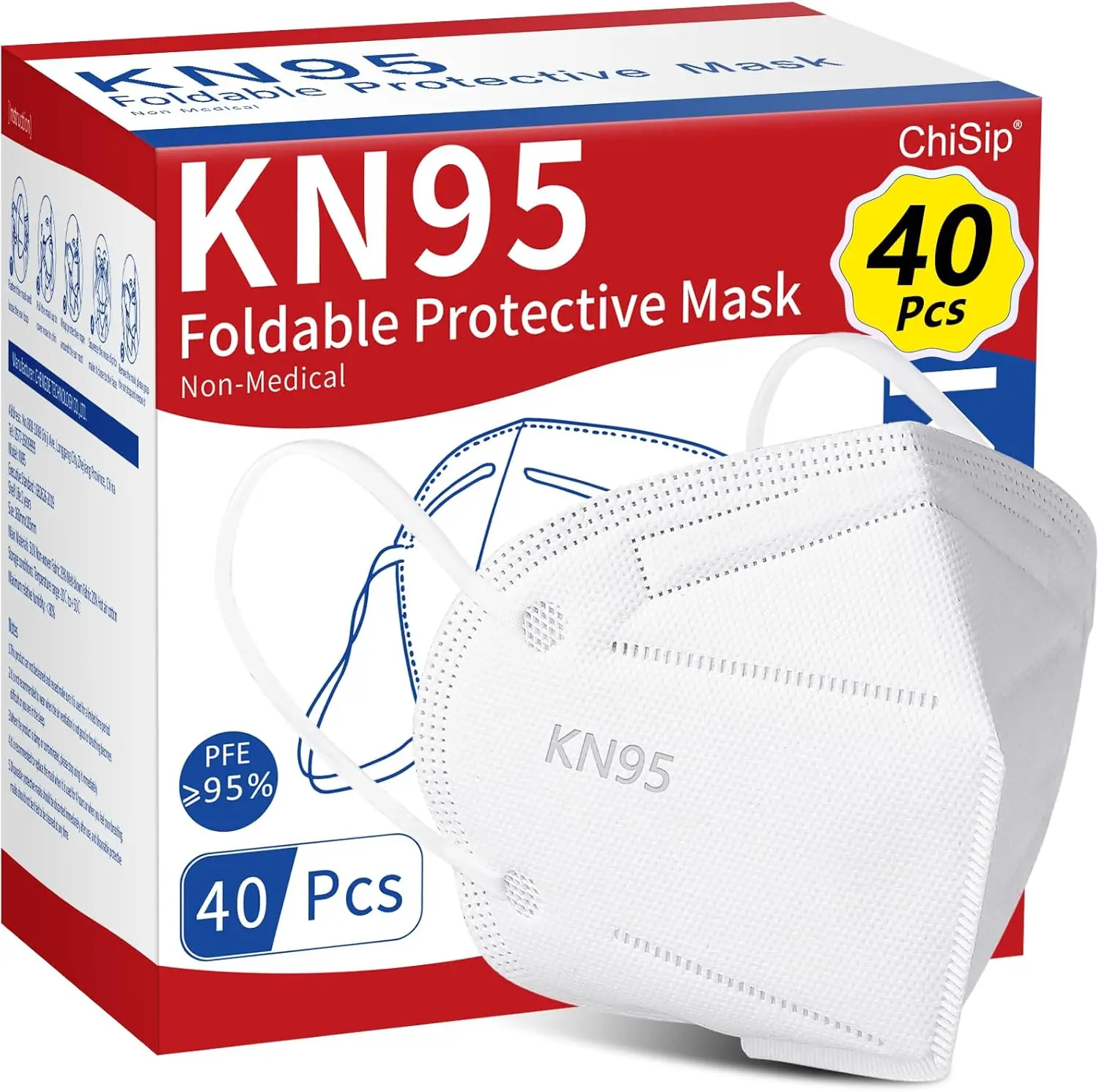 

KN95 Face Mask 40Pcs, 5 Layer Cup Design for PM2.5 Dust Protection, Breathable Safety Masks for Adults in White