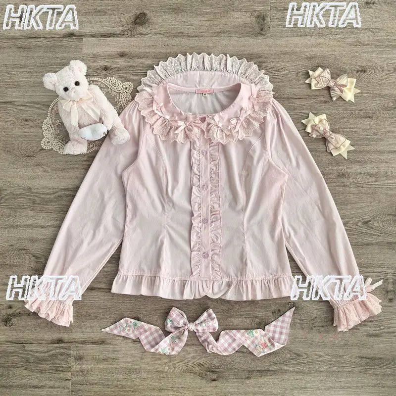 

Cute Lolita Doll Collar Bow Pleated Long Sleeve Shirt Tops Female 2025 Autumn Winter Sweet Kawaii Versatile White Blouses Women