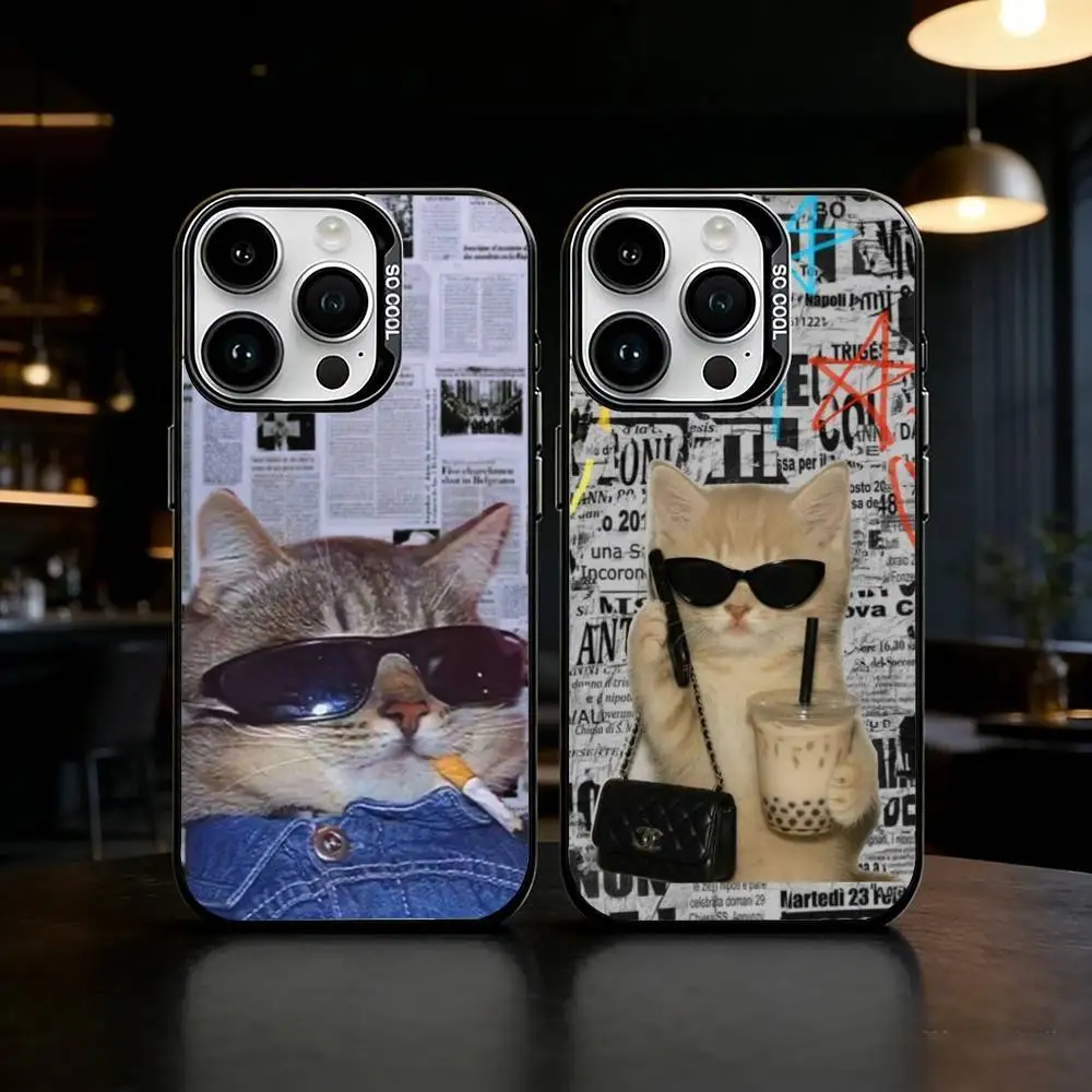 

Funny C-Cute Cat Phone Case For iPhone 17 16 15 14 13 12 11 Pro Max Plus Silver Matte Black Cover