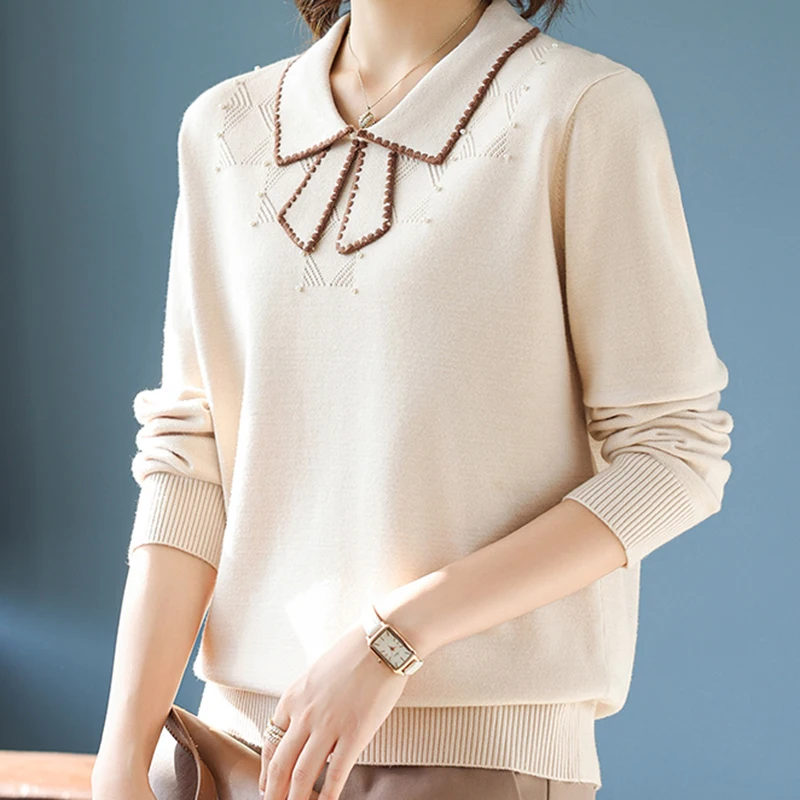 Mom Clothes autumn and winter fashion ribbon collar liner women middle-age big size Knit top KN1826