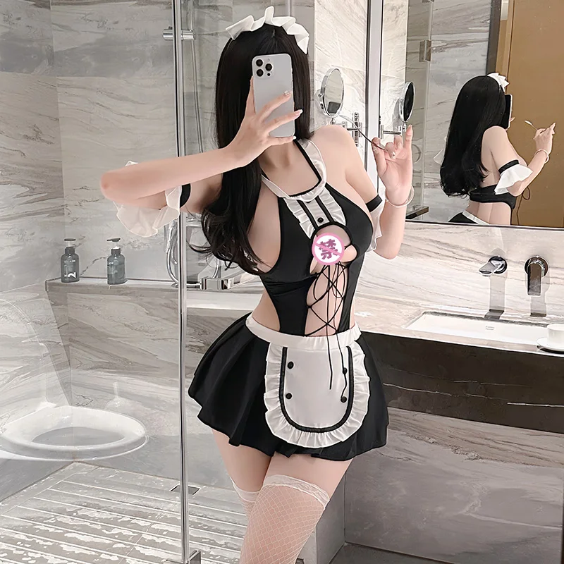 Lolita-lencería Sexy erótica para mujer, disfraces de Cosplay de sirvienta, delantal francés lindo, vestido negro, Anime Punk, traje gótico para niña escolar