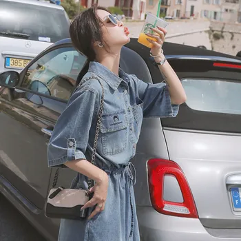 2023 New Fashion Summer Women Denim Dress Casual Women Loose Long Short Sleeve Lapel Single Breasted Pocket Dresses