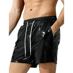2024 Men Glossy Surface Shorts Elastic Waist Adjustable Drawstring Wide Leg Shorts Beach Casual Short Pants Streetwear