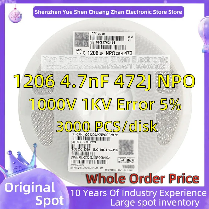 

【 Whole Disk 3000 PCS 】3216 Patch Capacitor 1206 4.7nF 472J 1KV 1000V Error 5% Material NPO/COG Genuine capacitor