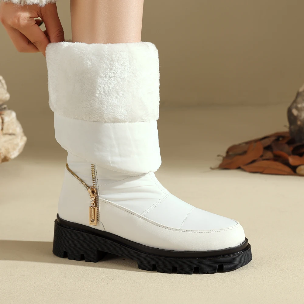 2024 New Fashion Women Winter Knee High Boots Low Heels Luxury Platform Shoes Long Snow Boots Ladies Fur Wedges Black White 44