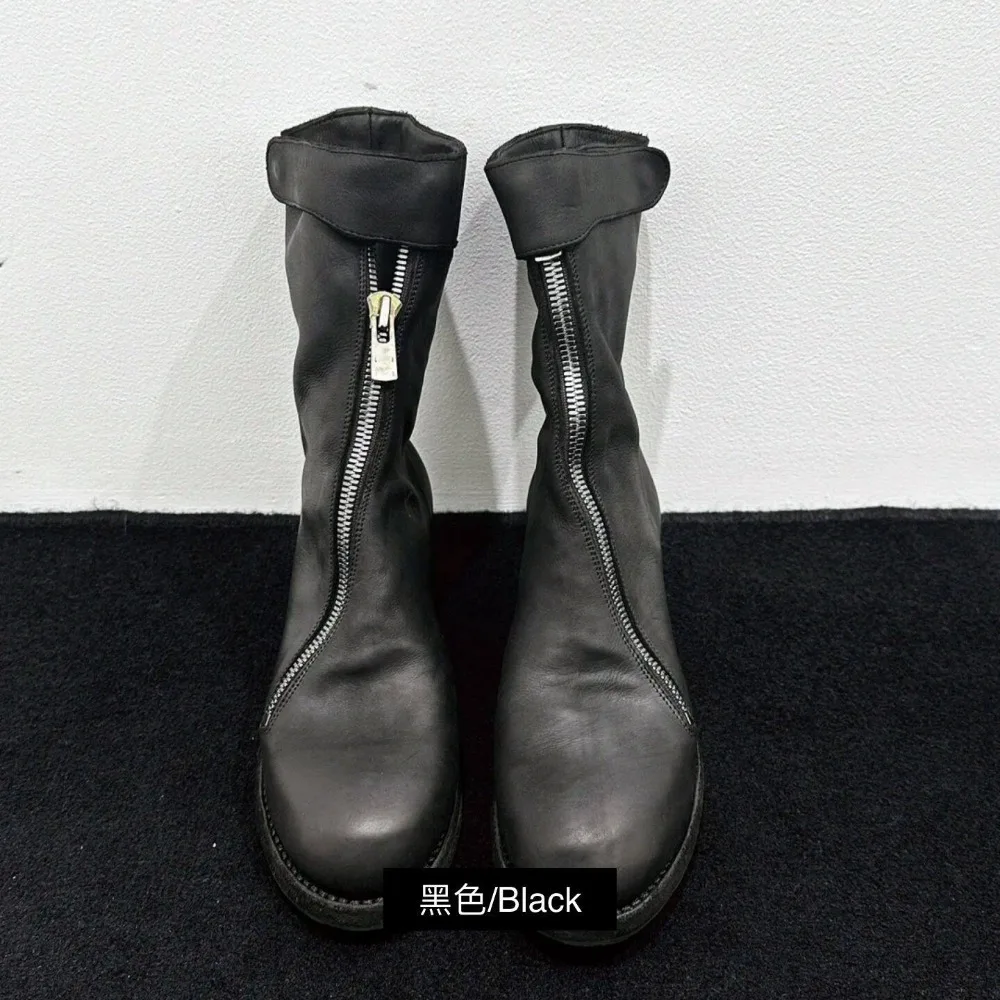 

Fashion Genuine Leather Chelsae Boots Front Zipper Black Mid-calf Square Heel Unisex Casual Versatile Slouch Motorcycle Boots