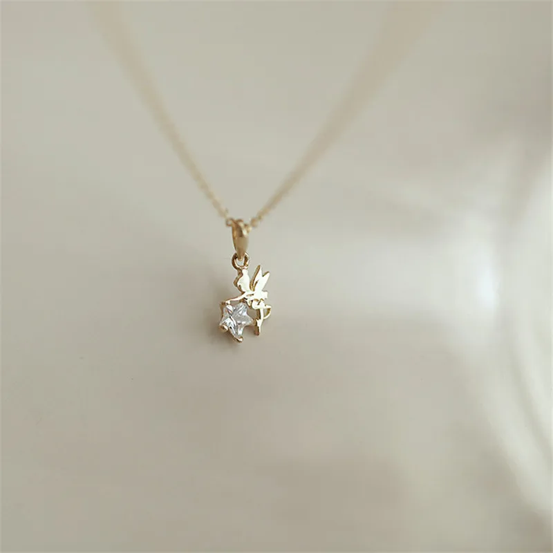 Playful Cute Shiny Star Zircon Elf Necklace for Women Korean 925 Sterling Silver 14k Gold Plated Clavicle Chain Jewelry