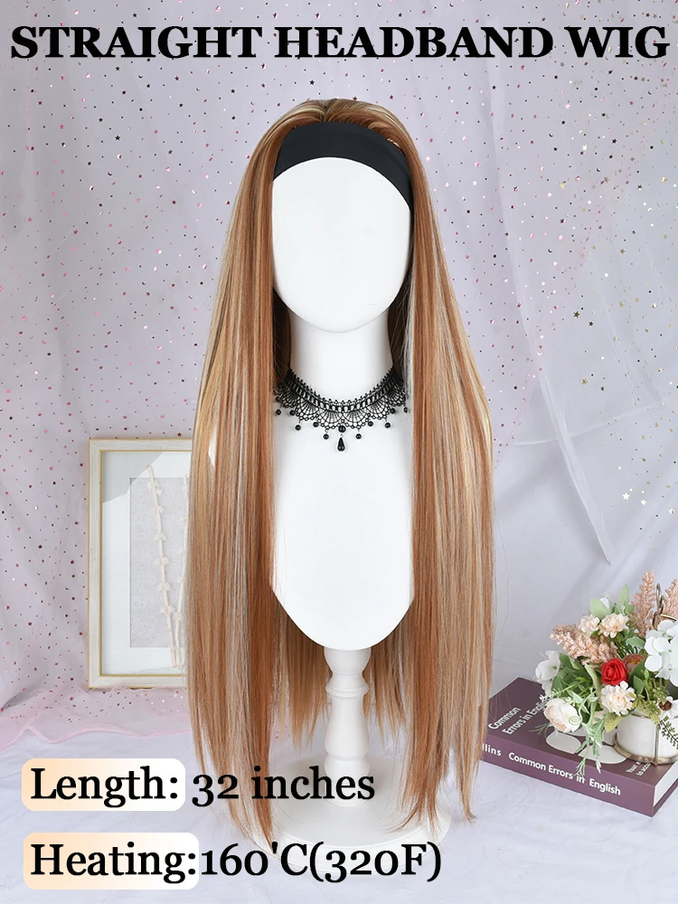 Synthetic Highlight Headband Wig Mixed Ombre Honey Blonde Straight Wigs Daily Party Cosplay Wig Heat Resistant Fiber 32 Inch