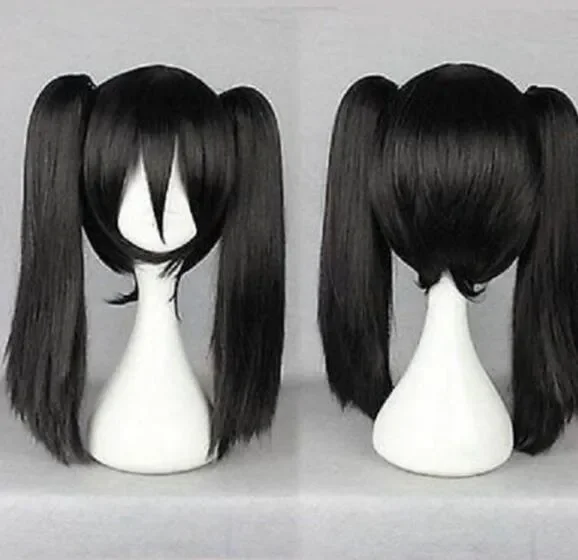 FREE SHIPPING Harajuku Medium Long Black Straight Pigtail Ponytail Women's Cosplay Anime Hair Wig