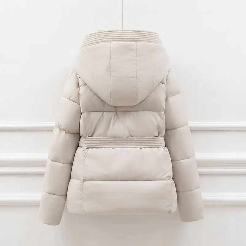 High End Down Cotton Jacket for Women Winter 2026 Fashion Slim Thicken Hooded Bread Coat Female Warm Parka Overcoat With Belt