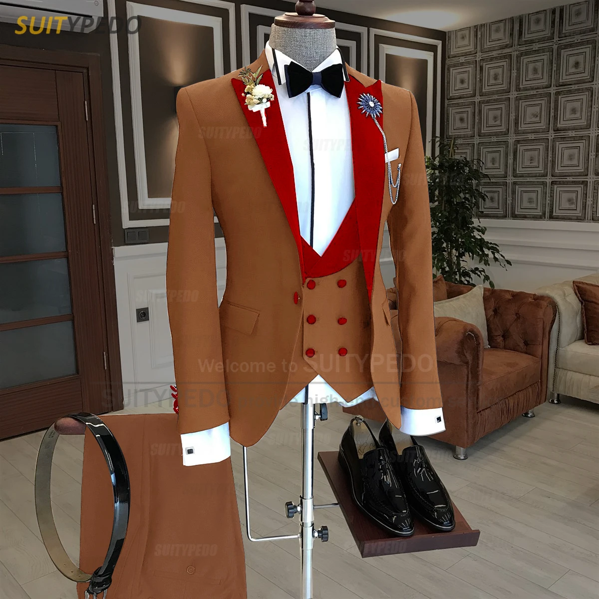 Black Men Suit Slim Fit Fashion Red Velvet Lapel Blazer Vest Pants 3 Piece Tailor-made Homecoming Business Wedding Mens Tuxedos