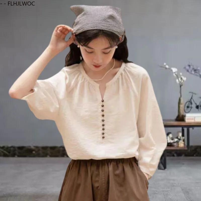 

2025 Women Cute Retro Tops Preppy Style Vintage Japaneses Korea Design Single Breasted Button Elegant Hemp Shirts Blouses White