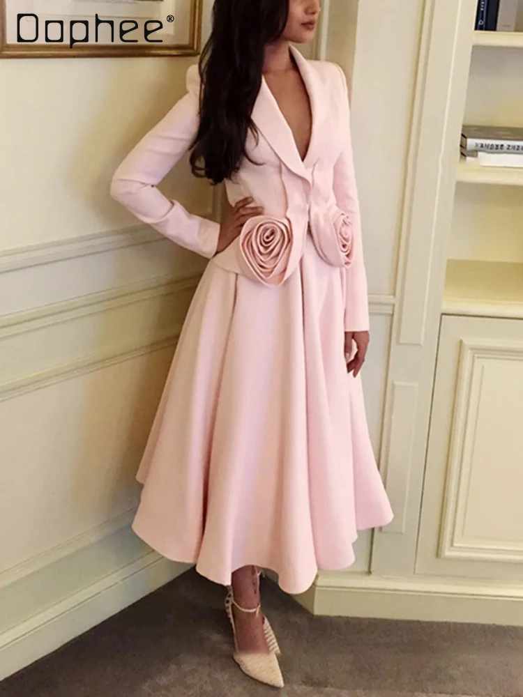 Elegant Two Piece Set Lapel Long Sleeve Deep V Neck Top High Waist A Line Skirt Appliques Pink Chic Temperament Spring Autumn