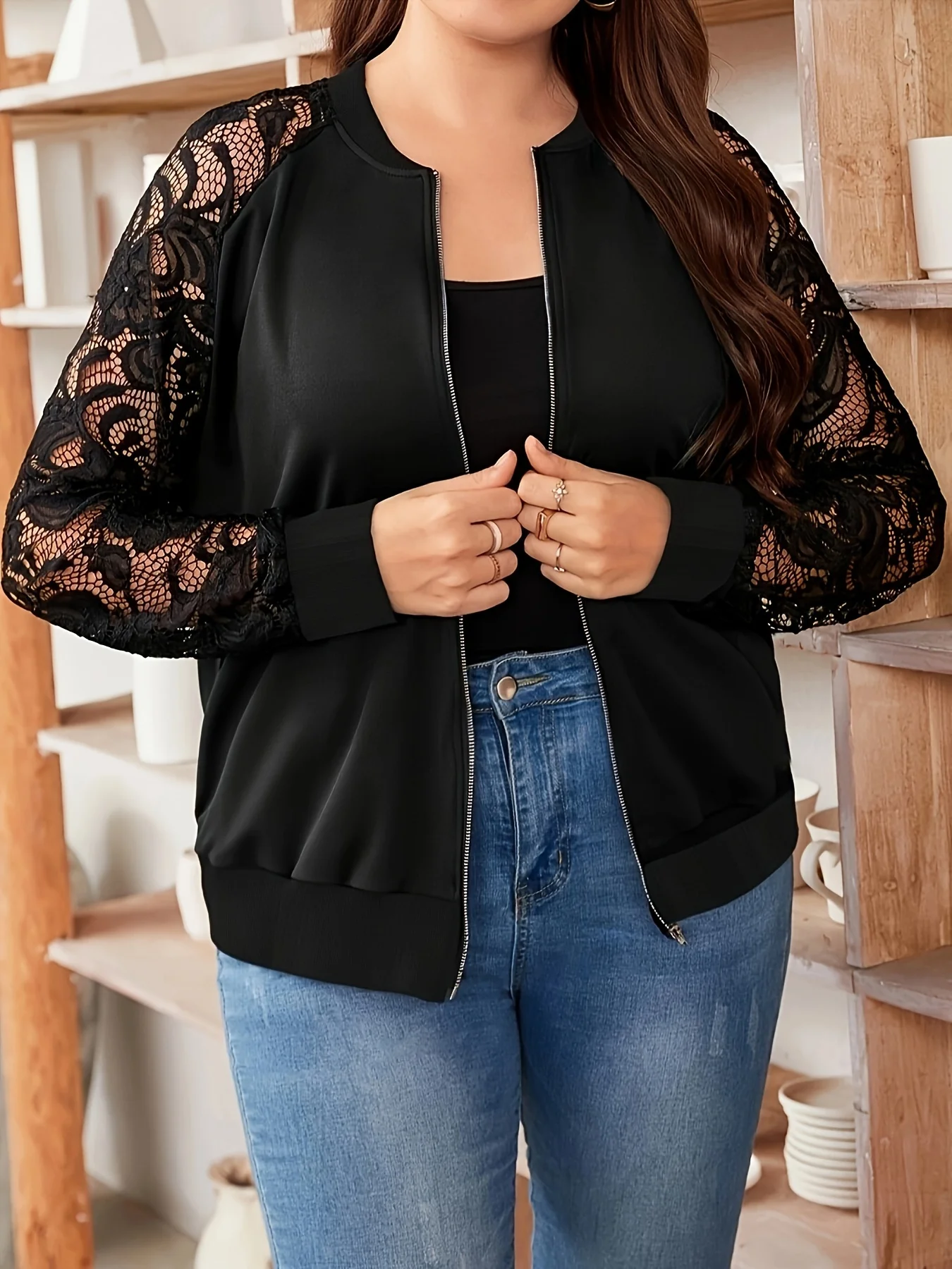 

Women's autumn and winter fashion contrast lace raglan sleeve bomber jacket