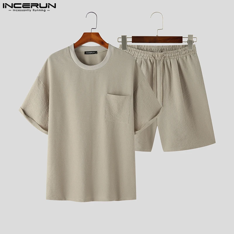 INCERUN 2024 Korean Style Men\'s Sets Thin Texture Breathable Short Sleeved Tops Shorts Casual Street Solid Two-piece Sets S-5XL