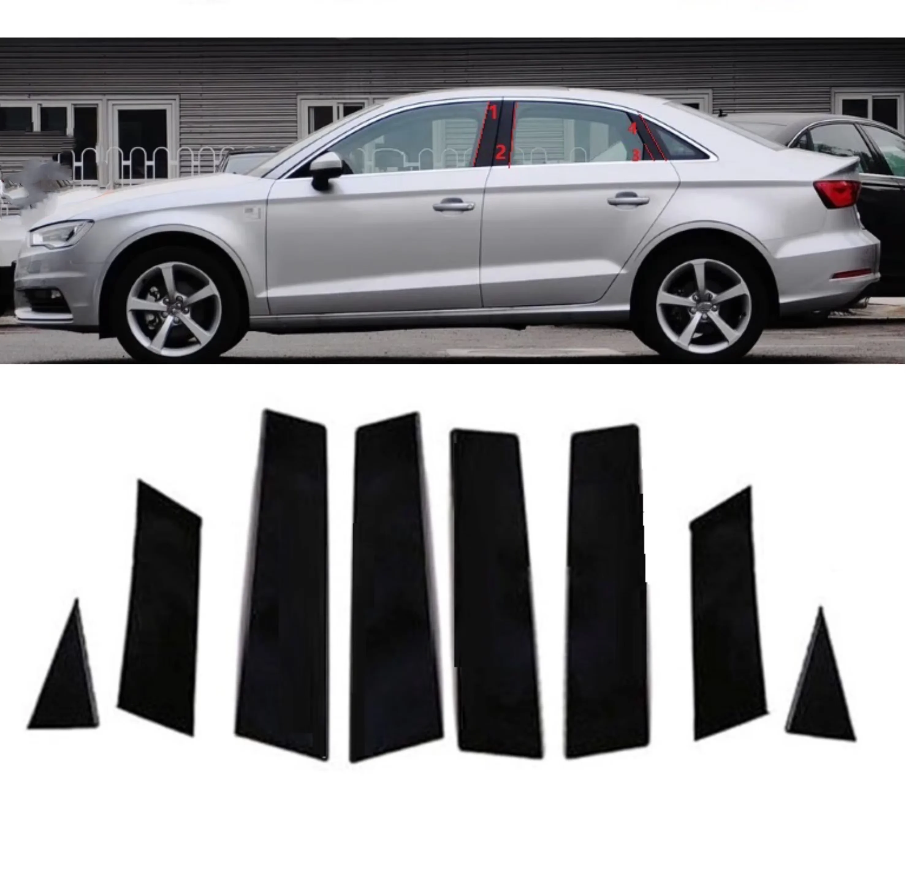 8Pcs Glossy Black Pillar Posts Cover Fit for   Audi A3L/S3 Sedan 2014 2015 2016 2017-2020 Window Car Door Trim BC Column Sticker
