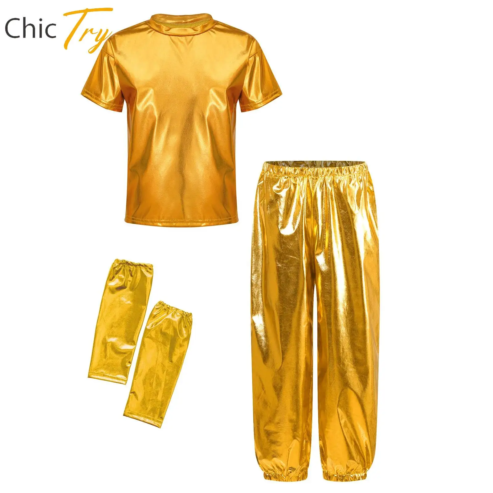 

Kids Girls Boys Jazz Hip-Hop Dance Set Short Sleeve Shiny T-shirt with Pant And Gloves Suit for Birthday Party Stage Performance