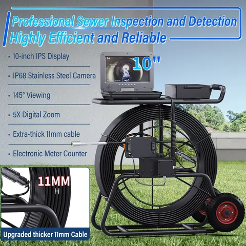 360 Rotating Sewer Piping Endoscope Camera, 10″ IPS 1080P+Meter Counter+Keyboard+Self-Leveling 512Hz+32GB+100M 11mm Cable