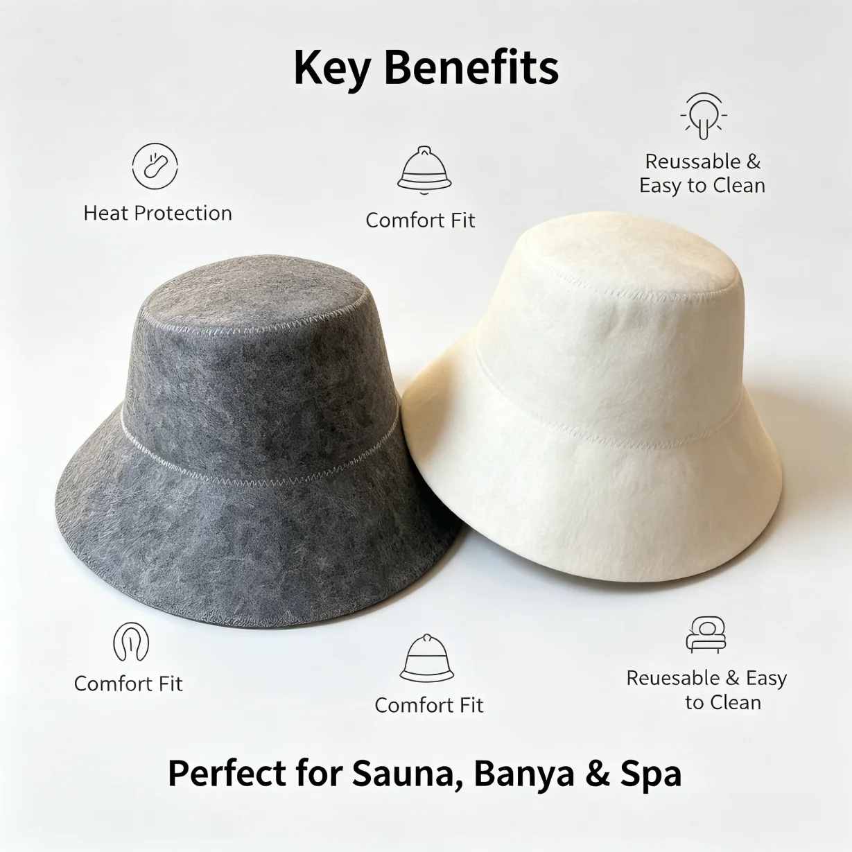 2pcs Felt Sauna Hat Unisex Heat Resistant Banya Hat Thick Sweat‑Absorbing Bucket Hat for Sauna Spa Bath Accessories Grey White