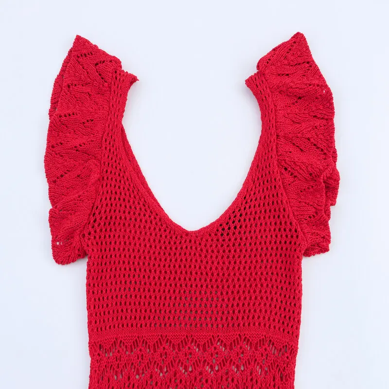 Novo Lançamento de Verão Vestido  de Malha com Decote em V para Mulheres Textura em Camadas 39903 Vestido de Cauda de P...