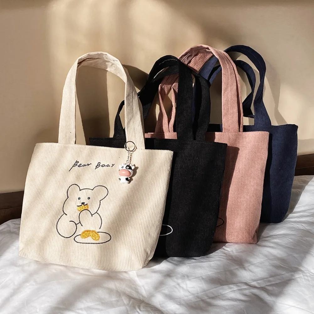

Corduroy Women Shoulder Bag Fabric Cute Bear Handbag Soft Tote Large Capacity Shopping Bags For Ladies