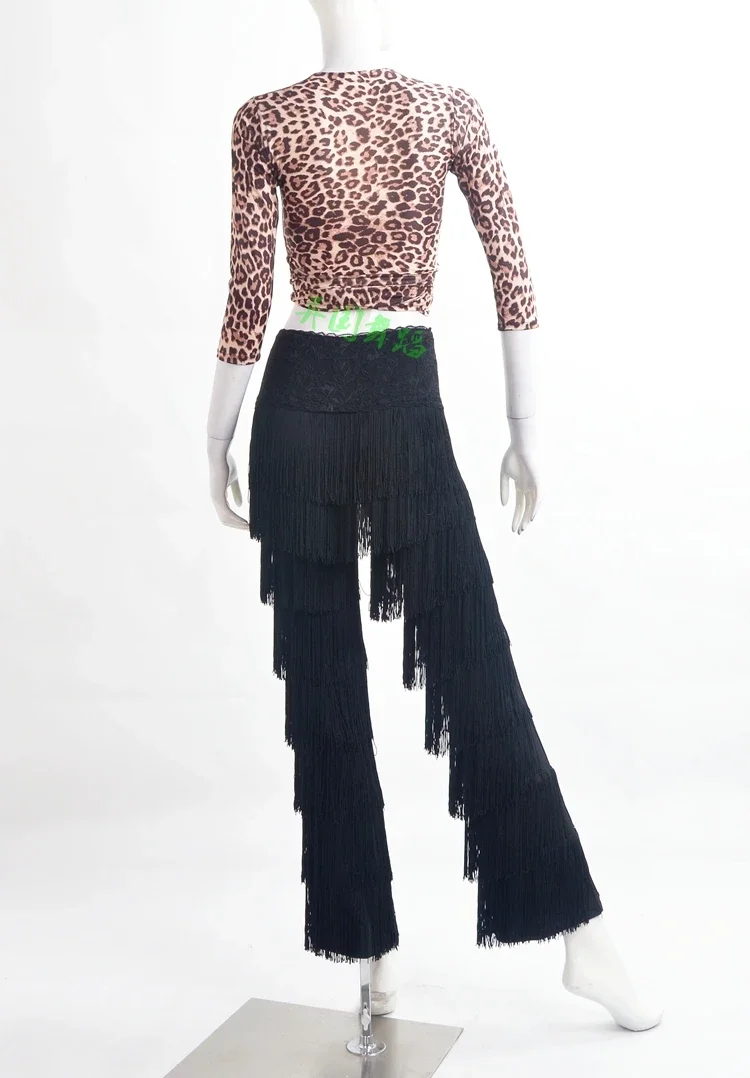 Latin dance eight layers of two thickness tassel pants lace waist P11001 flares trousers