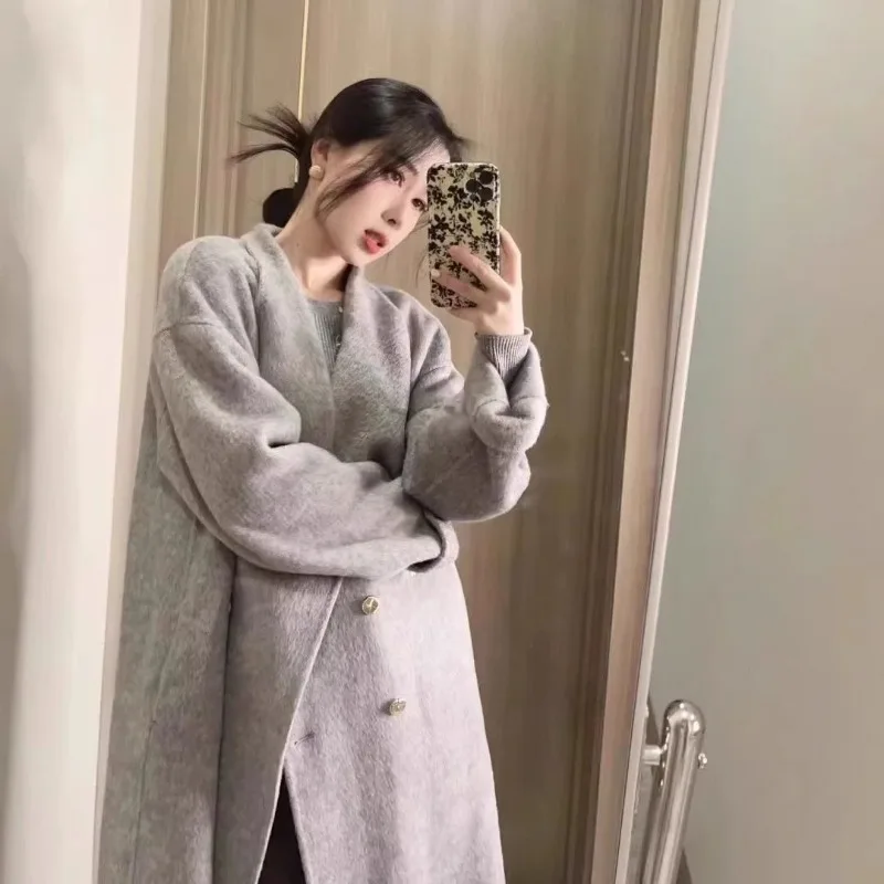 

Double-Sided Velvet Coat Women's Gray Stand-up Collar Hepburn Style 2025 Autumn and Winter New Gold Buckle Premium Woolen Coat