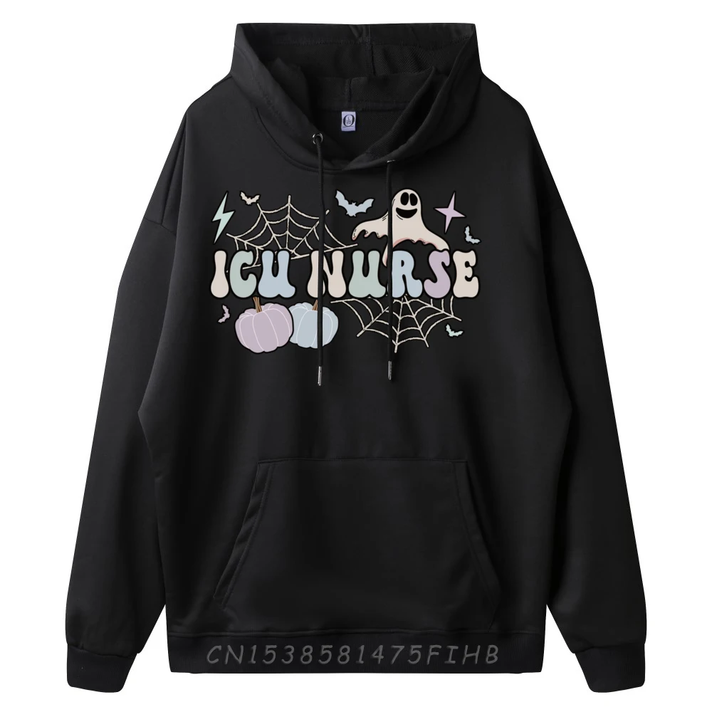 Spooky Icu Nurse Halloween Intensive Care Nurse Black Graphic Pullover Hoodies Printed Sweater Tops & Tees National Flag Day