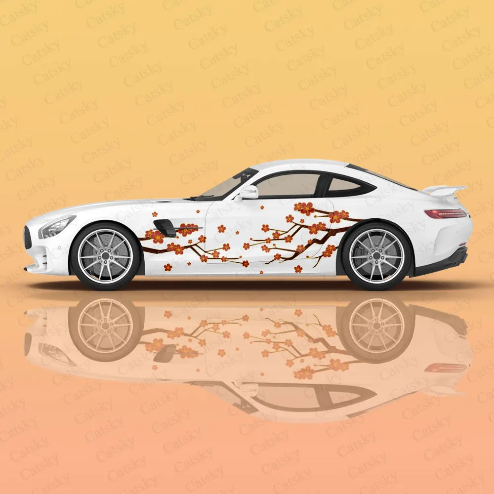 Pink Plum Blossom Racing Car Graphic Decal Full Body Vinyl Wrap Modern Design Vector Image Wrap Sticker Decorative Car Decal