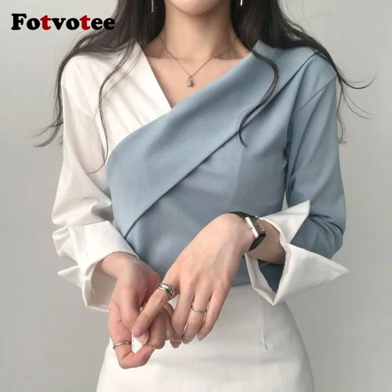 FOTVOTEE Blouses for Women Patchwork Asymmetrical Chic Casual Shirts 2024 New Vintage Fashion Long Sleeve Elegant Female Blouses