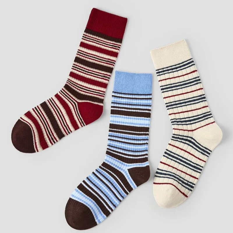 3 Pairs Women's Autumn Winter Cotton Striped Mid-Calf Grip Socks Fashion Ankle Socks Set Casual Loose Socks High Quality Hosiery