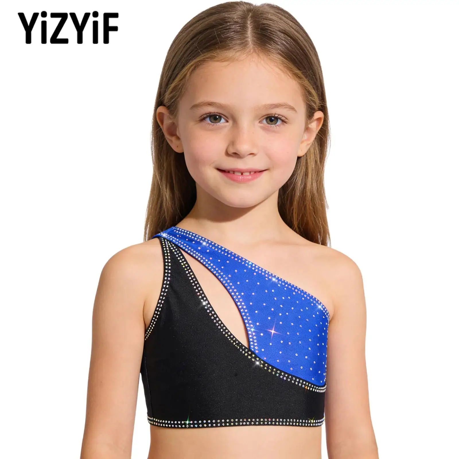 

Girls Gymnastics Figure Skating Ballet Dance Costume Tops One Shoulder Keyhole Rhinestones Crop Top Kids Performance Costumes