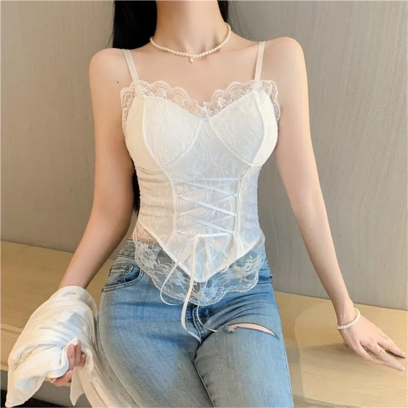 Spicy girl tie up waist slimming top women's floral lace lace sexy small camisole vest