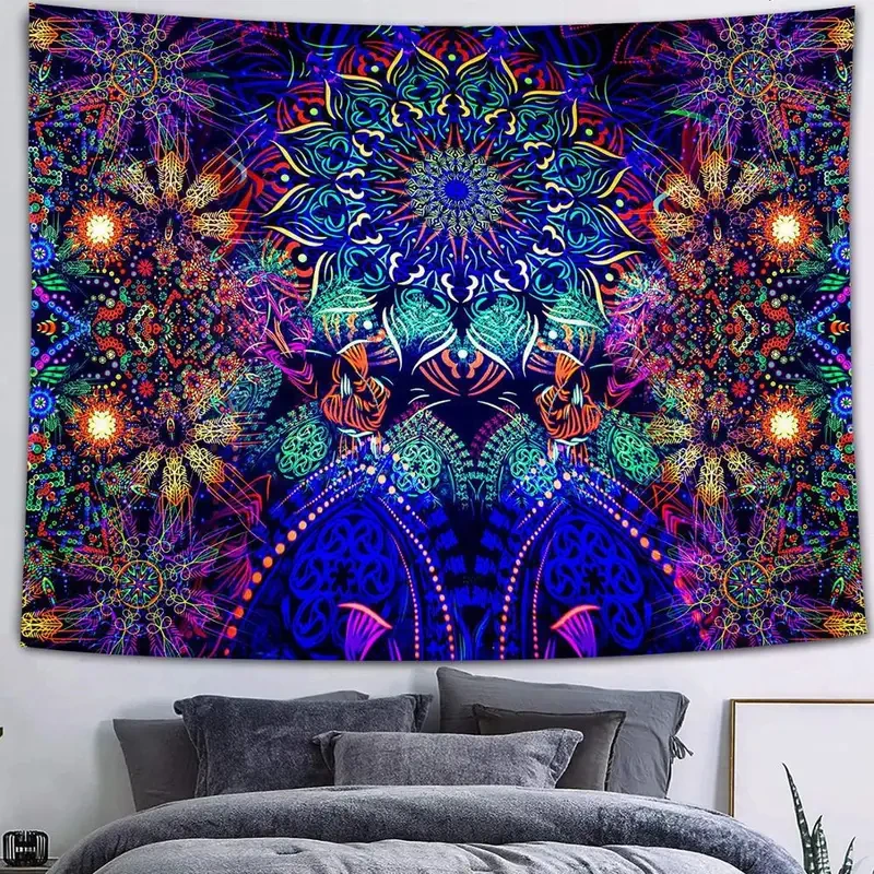 VIKAMA Psychedelic Mandala Tapestry, UV Reactive Blacklight Boho Print Wall Hanging for Bedroom Dorm Living Room Home Decor
